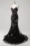 Black Mermaid Spaghetti Straps Appliqued Long Prom Dress With Sequins