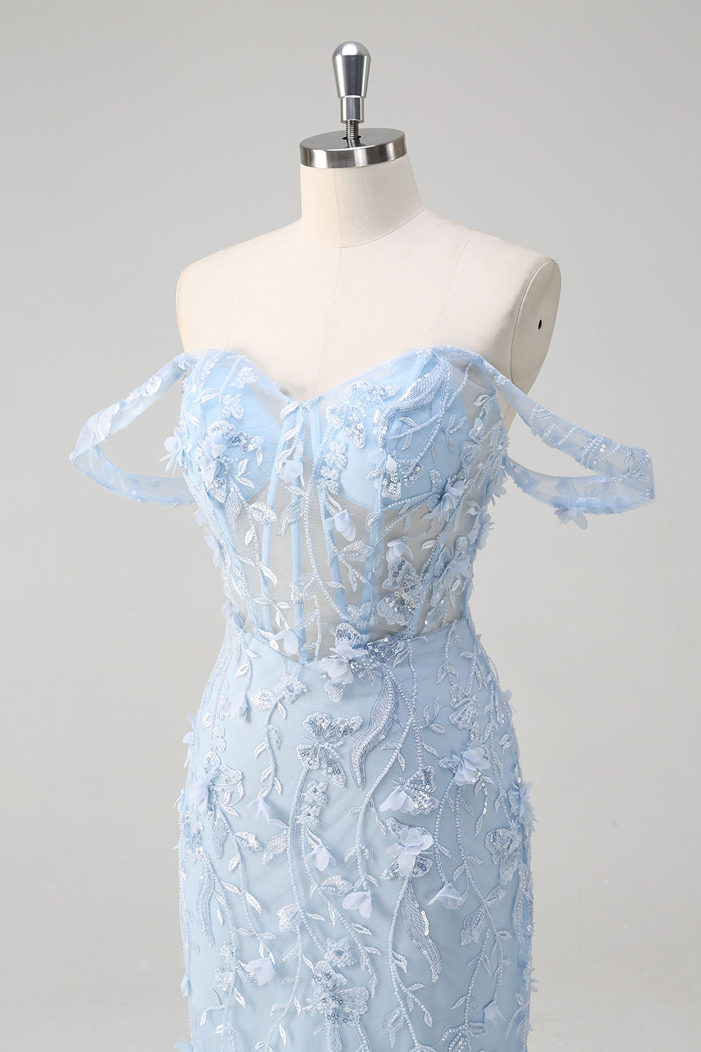 Blue Mermaid Off the Shoulder Floral Corset Prom Dress with Sequins