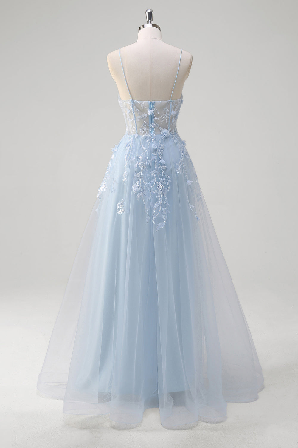 Blue A Line Spaghetti Straps Appliqued Corset Tulle Long Prom Dress