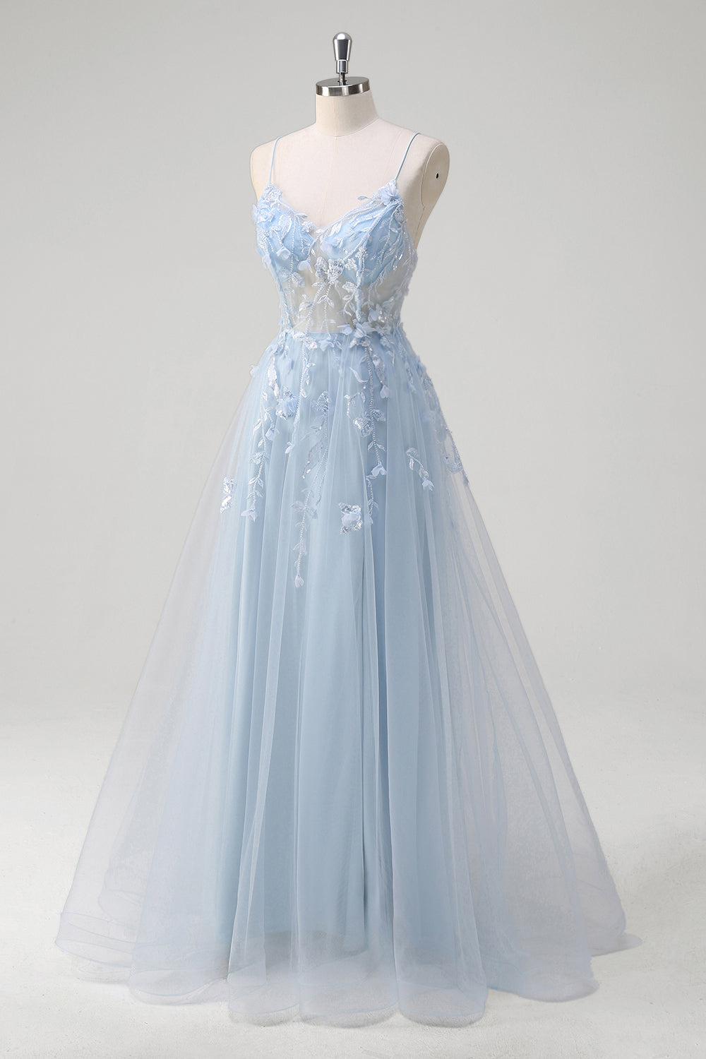 Blue A Line Spaghetti Straps Appliqued Corset Tulle Long Prom Dress