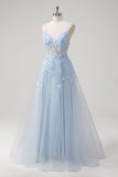 Blue A Line Spaghetti Straps Appliqued Corset Tulle Long Prom Dress