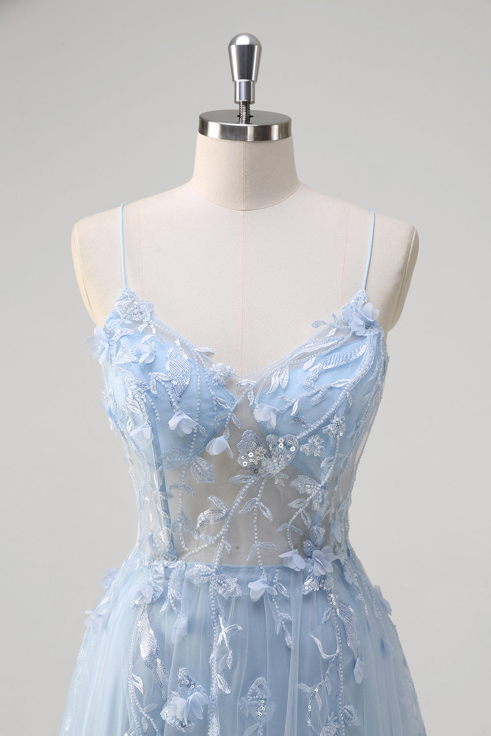 Blue A Line Spaghetti Straps Appliqued Corset Tulle Long Prom Dress