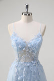 Blue A Line Spaghetti Straps Appliqued Corset Tulle Long Prom Dress