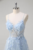 Blue A Line Spaghetti Straps Appliqued Corset Tulle Long Prom Dress