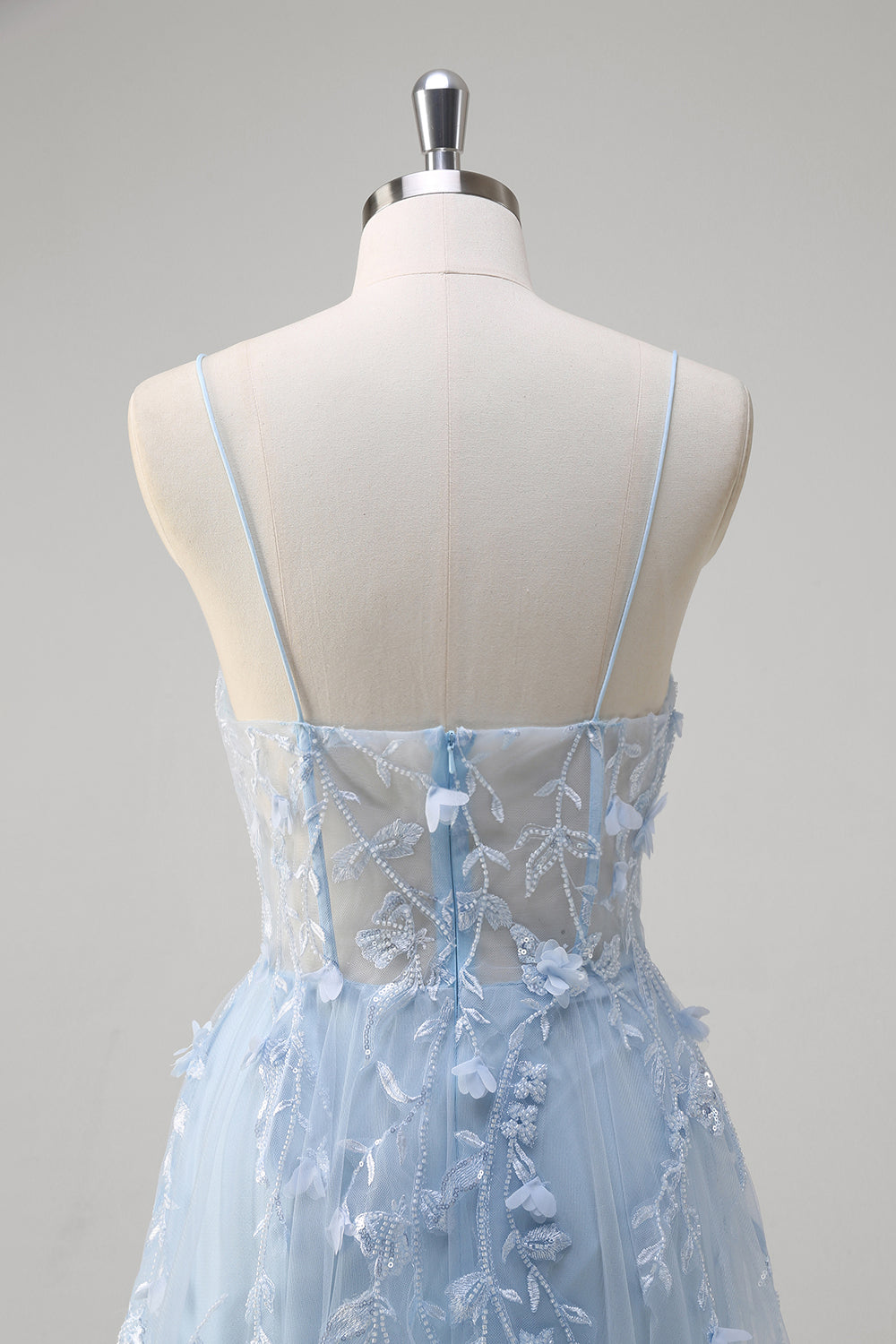 Blue A Line Spaghetti Straps Appliqued Corset Tulle Long Prom Dress