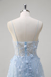 Blue A Line Spaghetti Straps Appliqued Corset Tulle Long Prom Dress