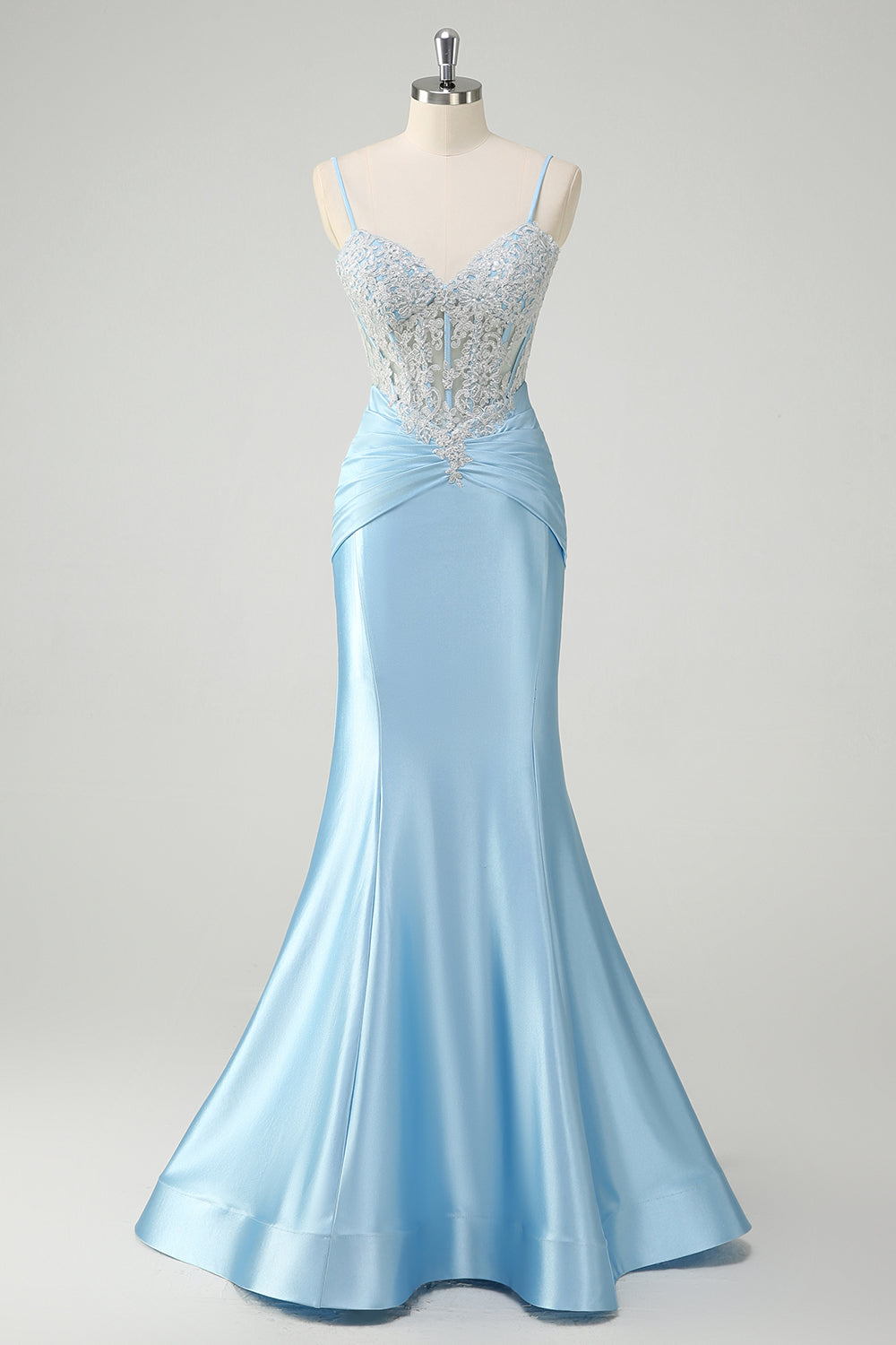 Blue Mermaid Spaghetti Straps Corset Long Prom Dress with Appliques