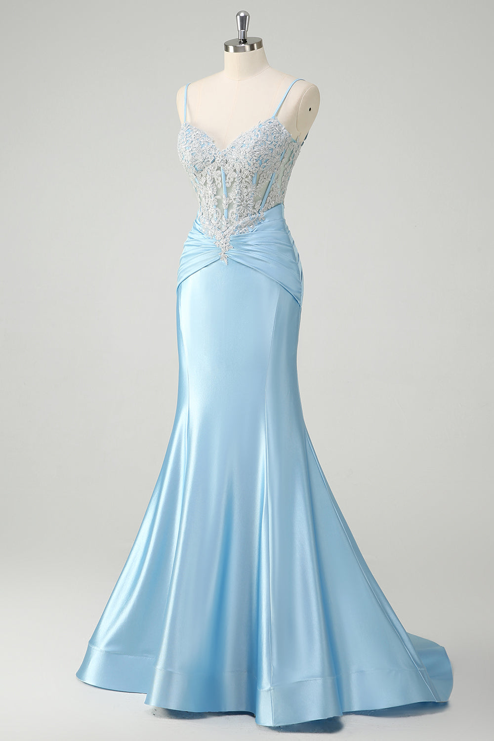 Blue Mermaid Spaghetti Straps Corset Long Prom Dress with Appliques