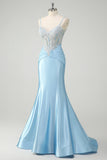 Blue Mermaid Spaghetti Straps Corset Long Prom Dress with Appliques