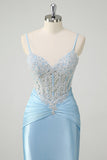 Blue Mermaid Spaghetti Straps Corset Long Prom Dress with Appliques
