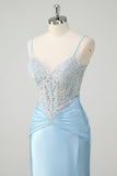 Blue Mermaid Spaghetti Straps Corset Long Prom Dress with Appliques