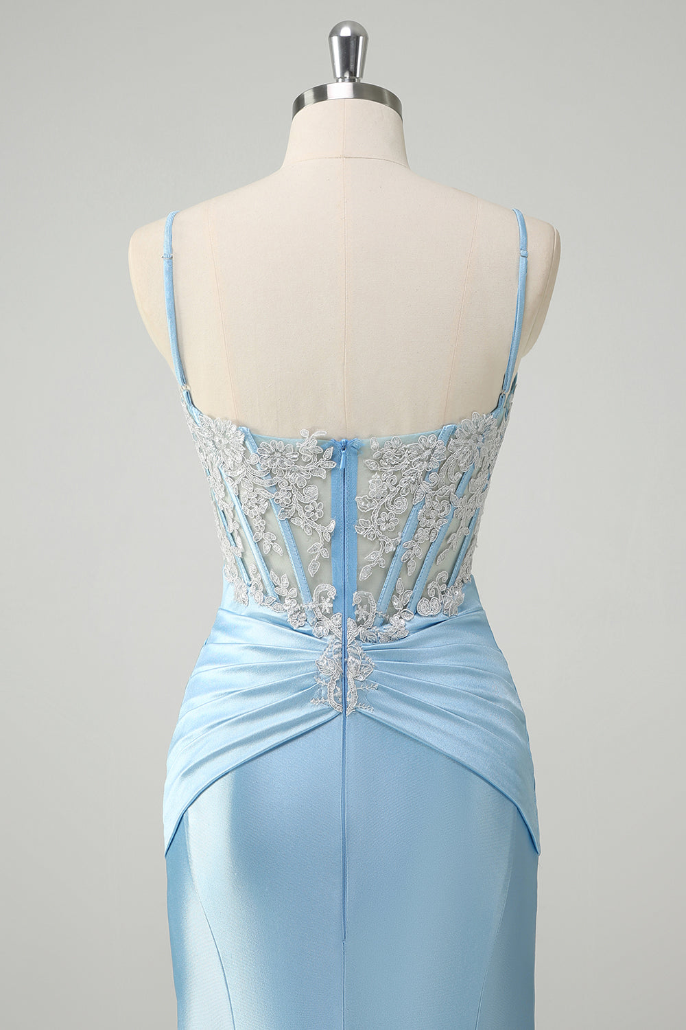 Blue Mermaid Spaghetti Straps Corset Long Prom Dress with Appliques