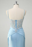 Blue Mermaid Spaghetti Straps Corset Long Prom Dress with Appliques