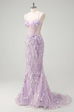 Lilac Mermaid Spaghetti Straps Corset Sequins Long Prom Dress