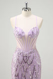 Lilac Mermaid Spaghetti Straps Corset Sequins Long Prom Dress