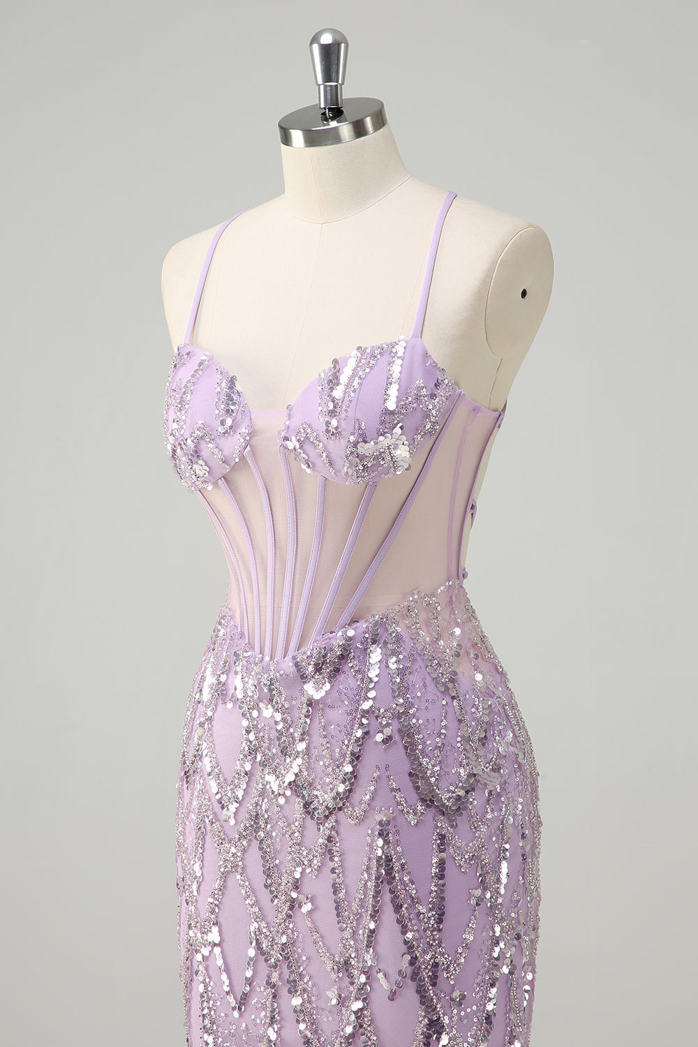 Lilac Mermaid Spaghetti Straps Corset Sequins Long Prom Dress