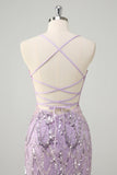 Lilac Mermaid Spaghetti Straps Corset Sequins Long Prom Dress
