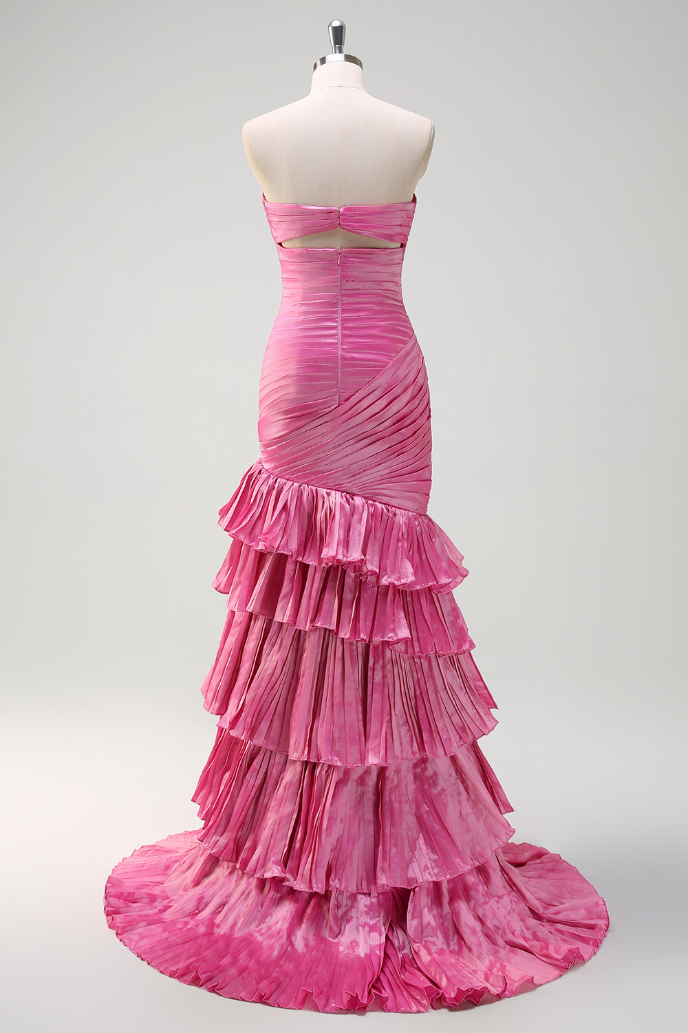 Fuchsia Mermaid Strapless Beaded Ruffled Long Prom Dress with Slit
