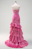 Fuchsia Mermaid Strapless Beaded Ruffled Long Prom Dress with Slit