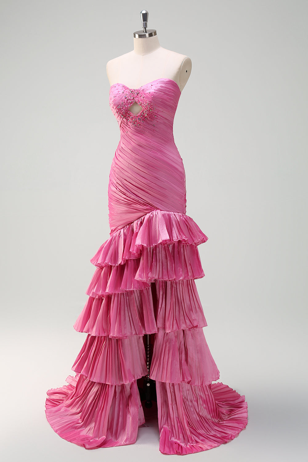 Fuchsia Mermaid Strapless Beaded Ruffled Long Prom Dress with Slit