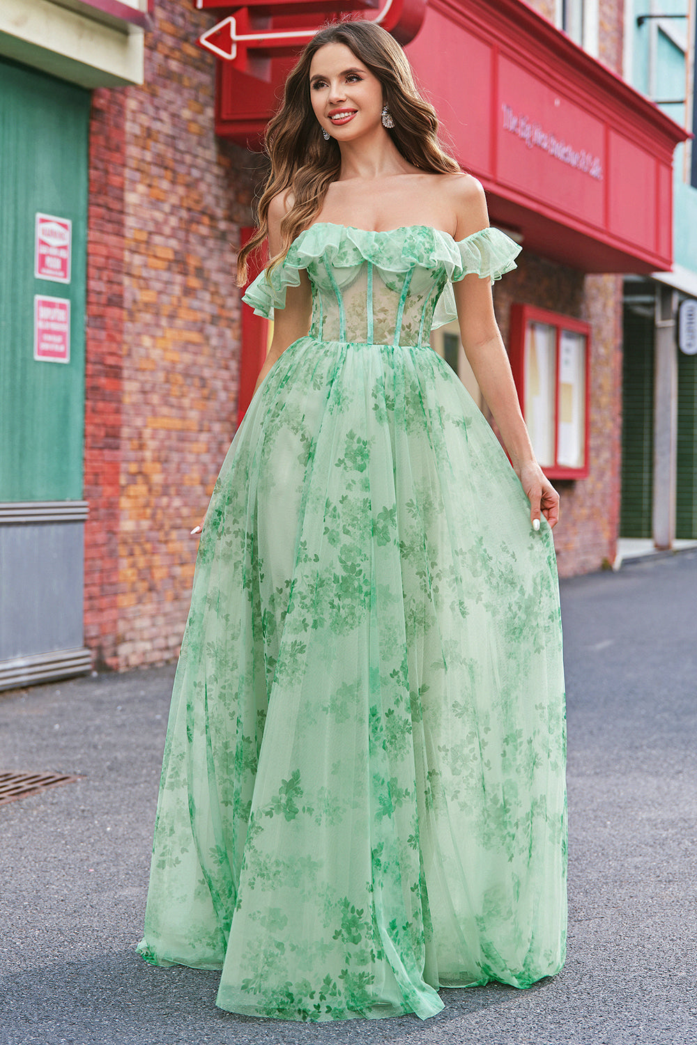 Floral A Line Off The Shoulder Corset Long Green Prom Dress