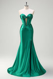 Dark Green Mermaid Strapless Beaded Corset Keyhole Satin Prom Dress with Slit