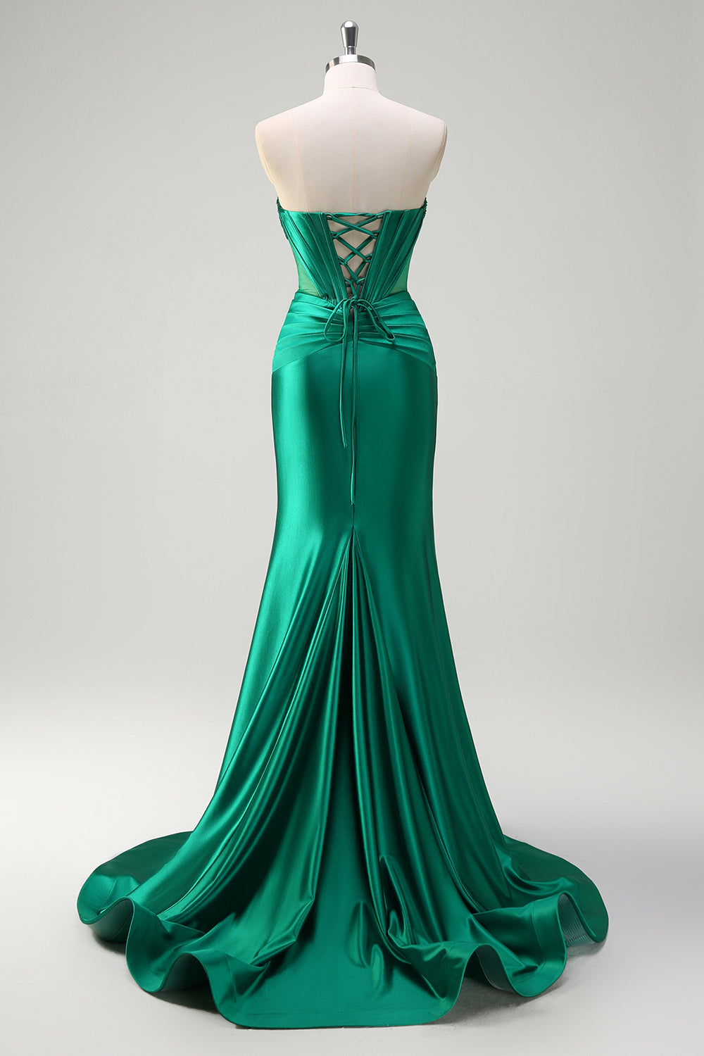 Dark Green Mermaid Strapless Beaded Corset Keyhole Satin Prom Dress with Slit