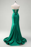Dark Green Mermaid Strapless Beaded Corset Keyhole Satin Prom Dress with Slit