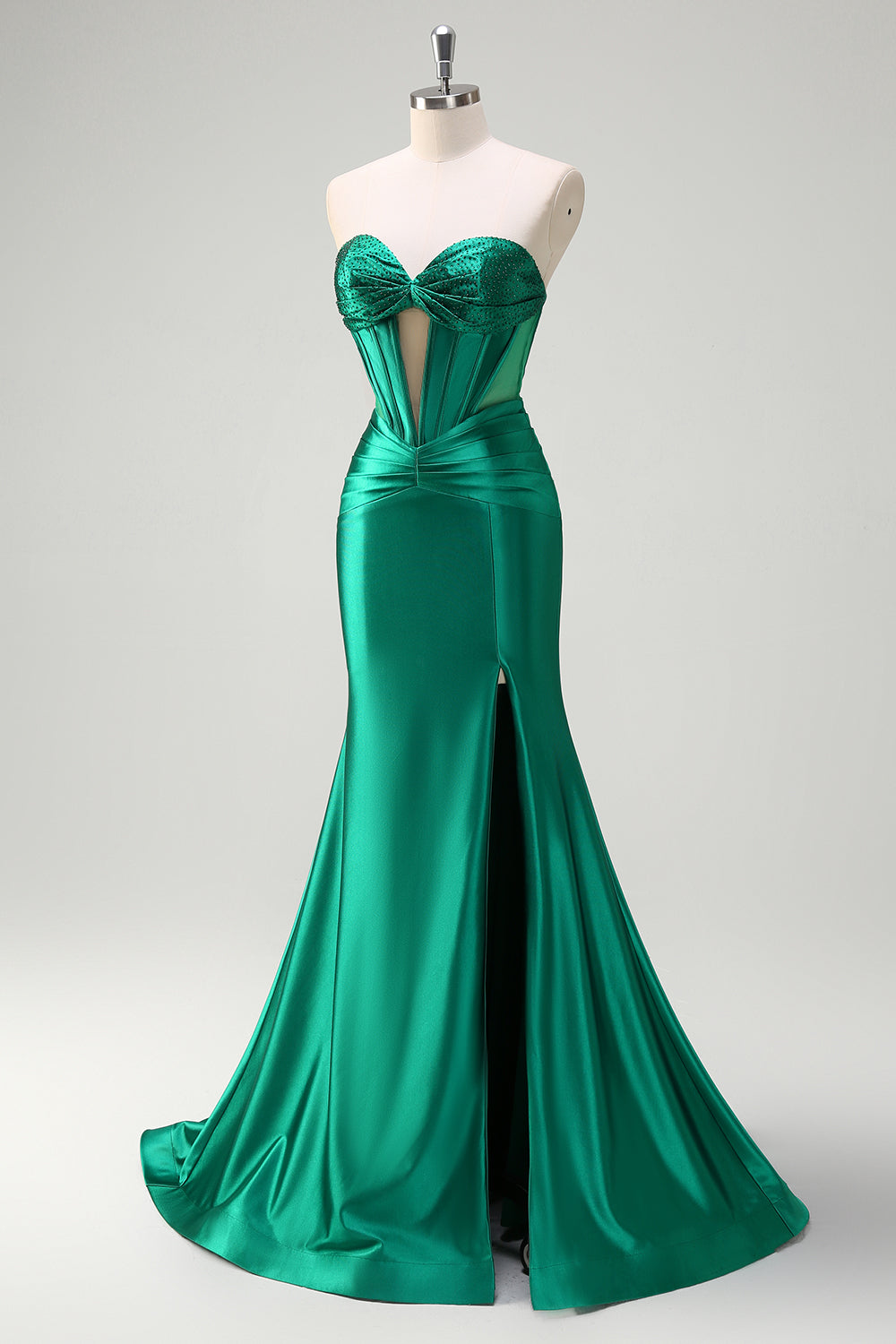 Dark Green Mermaid Strapless Beaded Corset Keyhole Satin Prom Dress with Slit