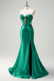 Dark Green Mermaid Strapless Beaded Corset Keyhole Satin Prom Dress with Slit