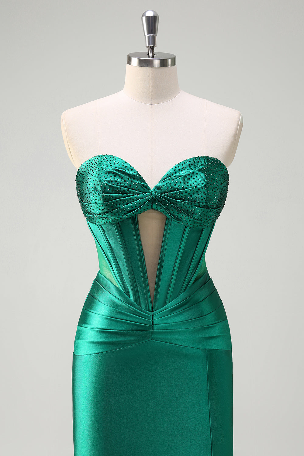 Dark Green Mermaid Strapless Beaded Corset Keyhole Satin Prom Dress with Slit