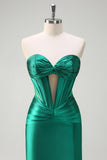 Dark Green Mermaid Strapless Beaded Corset Keyhole Satin Prom Dress with Slit