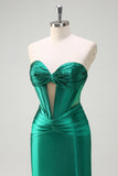 Dark Green Mermaid Strapless Beaded Corset Keyhole Satin Prom Dress with Slit