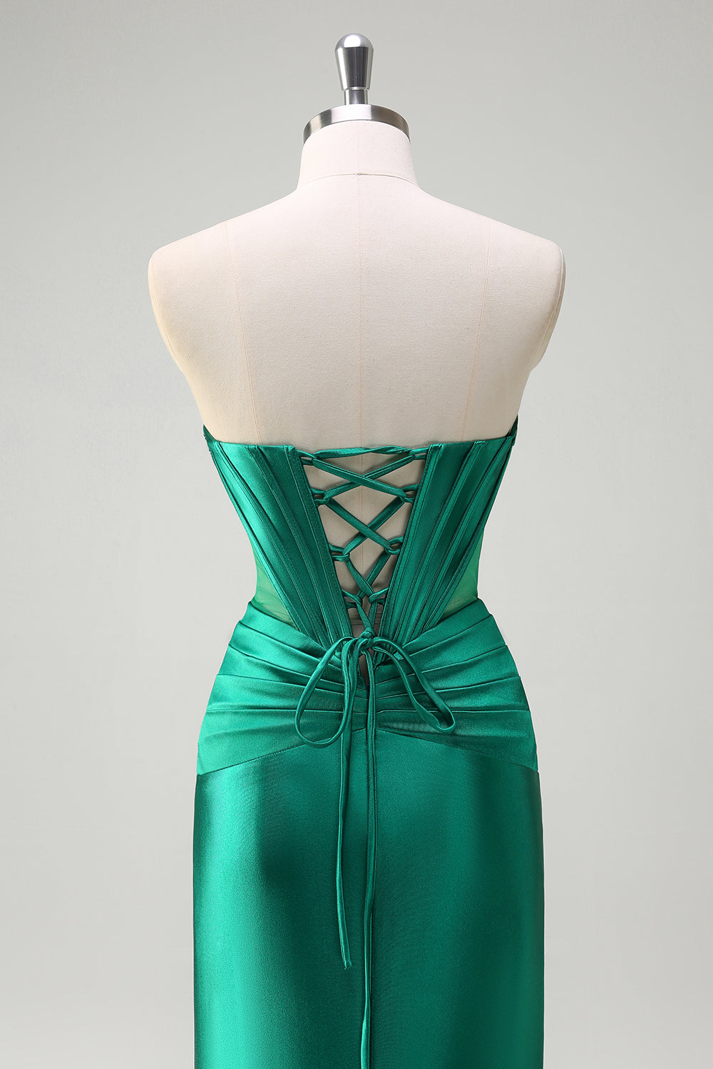 Dark Green Mermaid Strapless Beaded Corset Keyhole Satin Prom Dress with Slit
