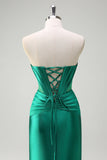 Dark Green Mermaid Strapless Beaded Corset Keyhole Satin Prom Dress with Slit