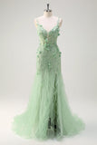 Green Mermaid Spaghetti Straps 3D Flowers Sequins Long Prom Dress with Slit