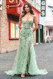 Green Mermaid Spaghetti Straps 3D Flowers Sequins Long Prom Dress with Slit