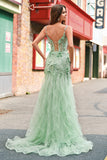 Green Mermaid Spaghetti Straps 3D Flowers Sequins Long Prom Dress with Slit