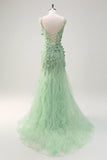 Green Mermaid Spaghetti Straps 3D Flowers Sequins Long Prom Dress with Slit