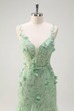 Green Mermaid Spaghetti Straps 3D Flowers Sequins Long Prom Dress with Slit