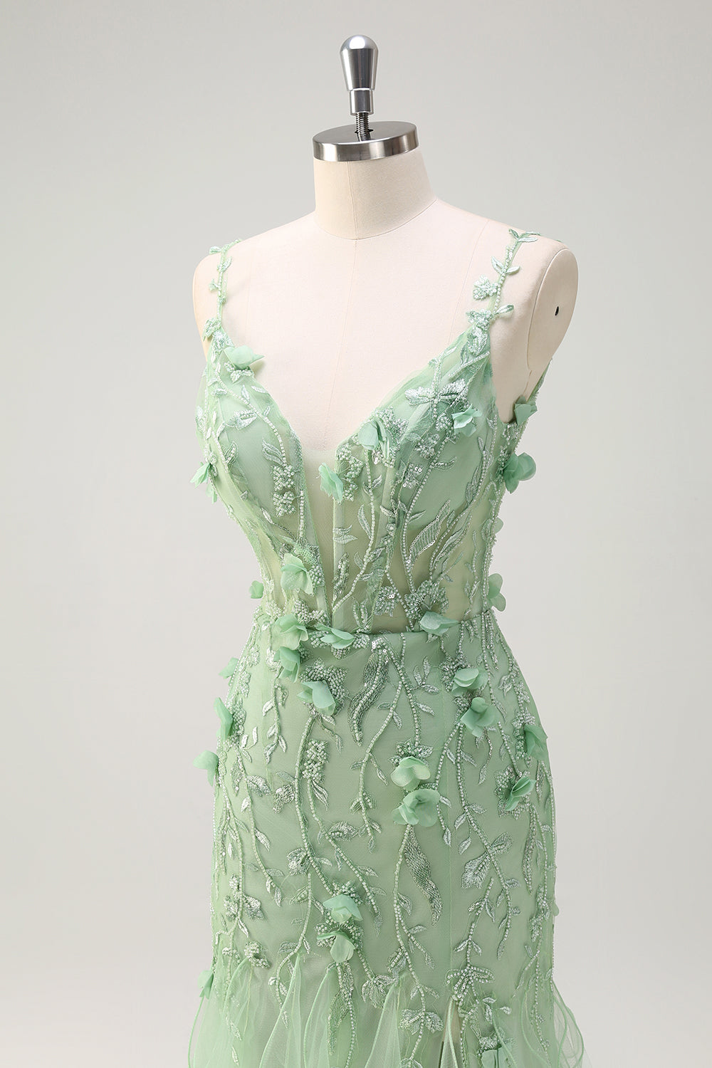 Green Mermaid Spaghetti Straps 3D Flowers Sequins Long Prom Dress with Slit