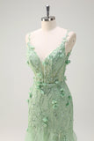 Green Mermaid Spaghetti Straps 3D Flowers Sequins Long Prom Dress with Slit