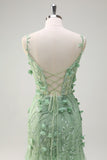 Green Mermaid Spaghetti Straps 3D Flowers Sequins Long Prom Dress with Slit