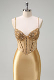 Golden Mermaid Spaghetti Straps Corset Long Prom Dress with Slit