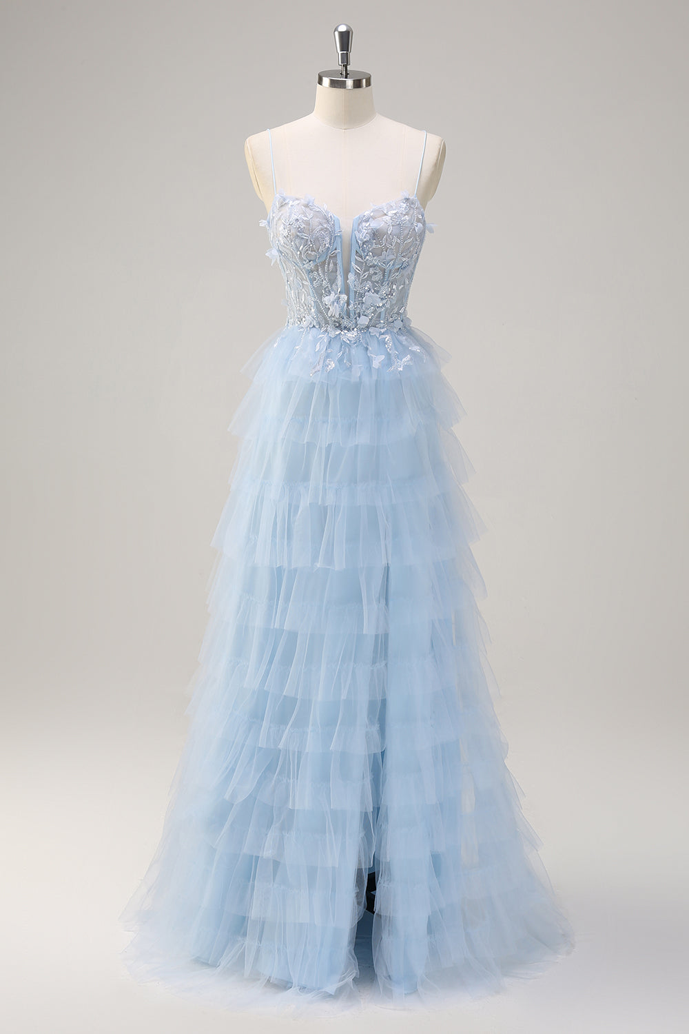 Light Blue A-Line Spaghetti Straps Tulle Tiered Long Corset Prom Dress with Slit