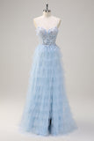 Light Blue A-Line Spaghetti Straps Tulle Tiered Long Corset Prom Dress with Slit