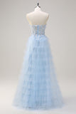 Light Blue A-Line Spaghetti Straps Tulle Tiered Long Corset Prom Dress with Slit