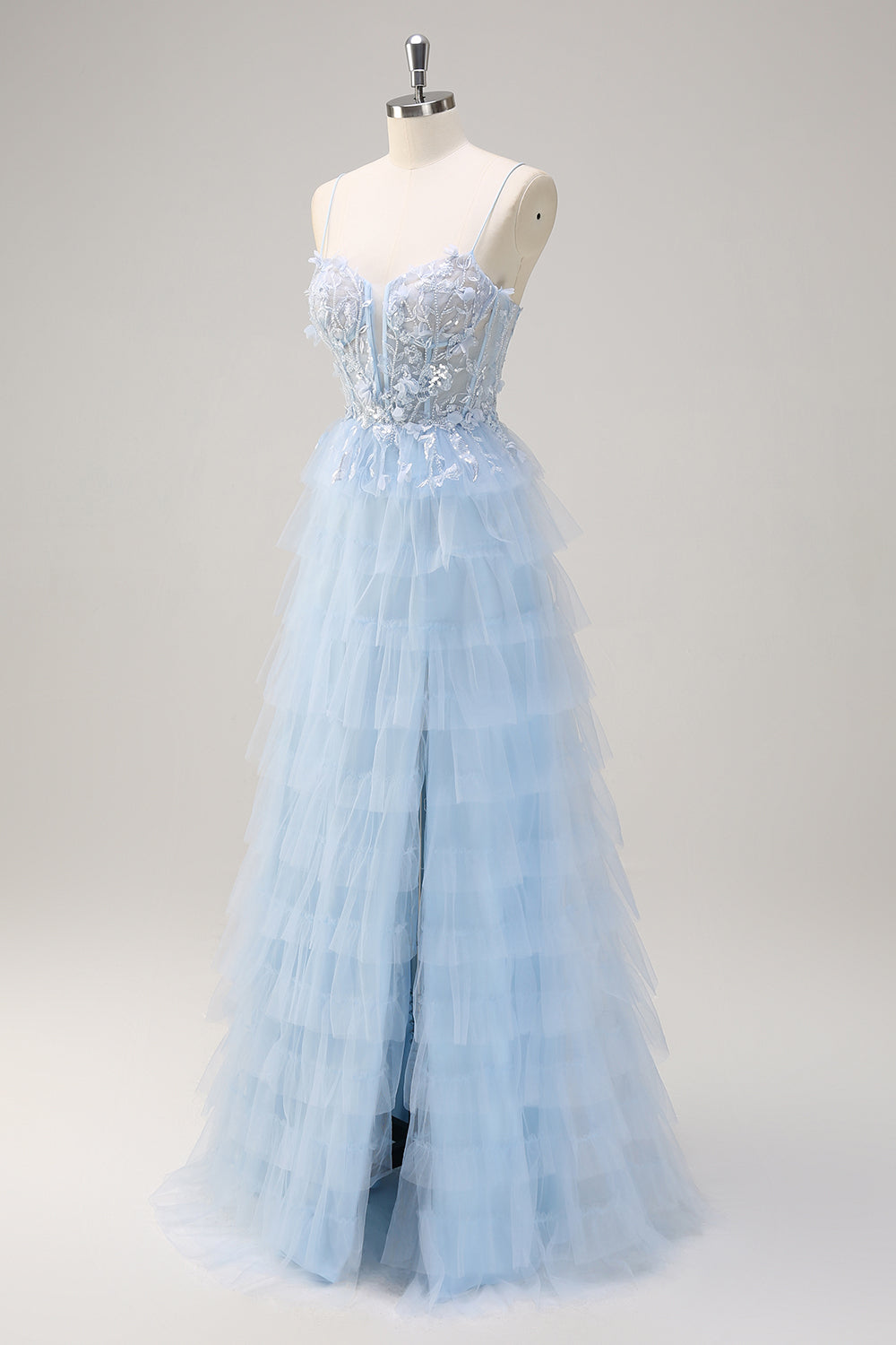 Light Blue A-Line Spaghetti Straps Tulle Tiered Long Corset Prom Dress with Slit