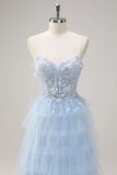 Light Blue A-Line Spaghetti Straps Tulle Tiered Long Corset Prom Dress with Slit