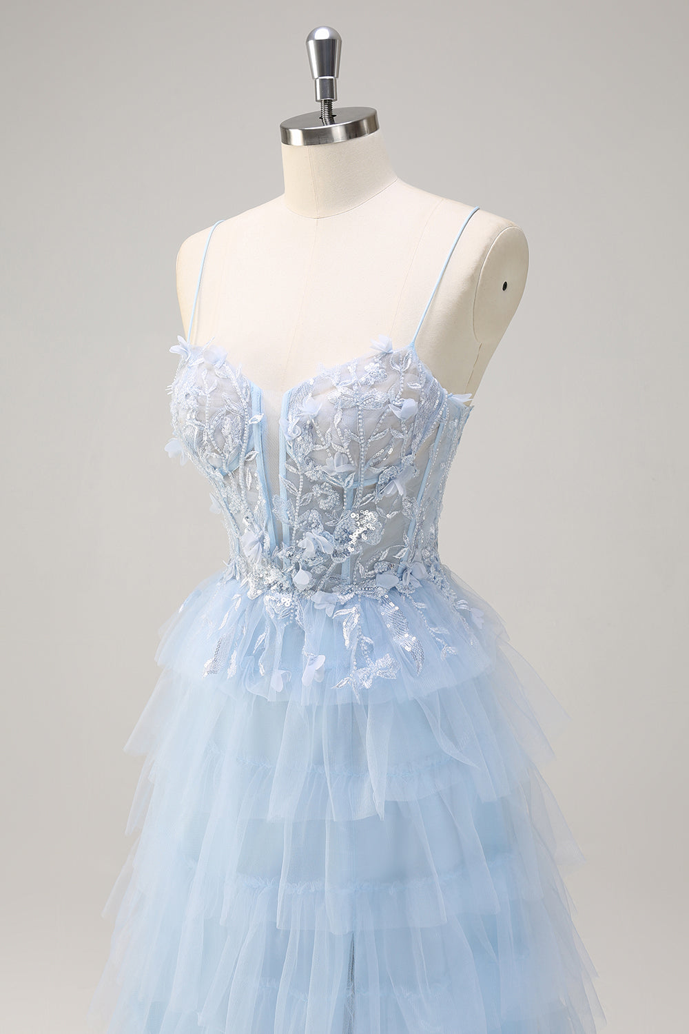 Light Blue A-Line Spaghetti Straps Tulle Tiered Long Corset Prom Dress with Slit